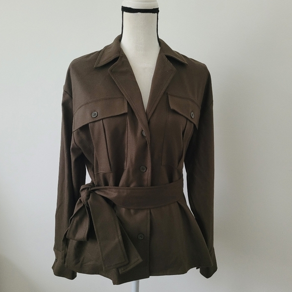 Zara Belted Pocket Blazer Jacket Tie Waist Khaki Size XS - Picture 3 of 12